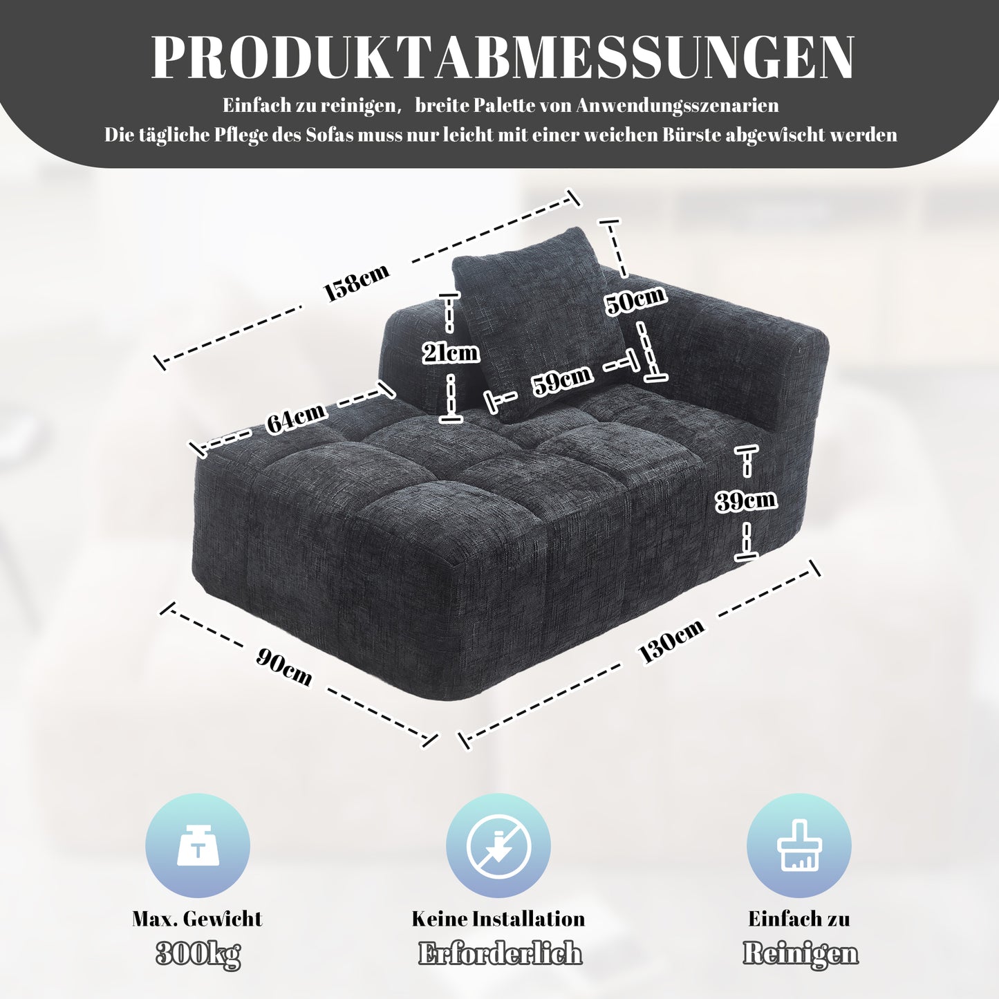 Comfortable Chaise Longue Sofa, No Assembly Required, Soft Sofa With Cushions, Side Pockets For Remote Control And Mobile Phone, Neat And Stylish, Black