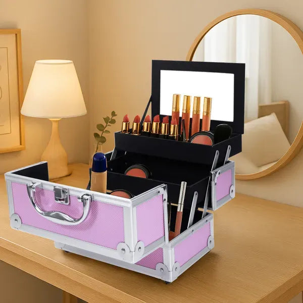 SM-2176 Aluminum Makeup Train Case Jewelry Box Cosmetic Organizer With Mirror 9'x6'x6' Pink