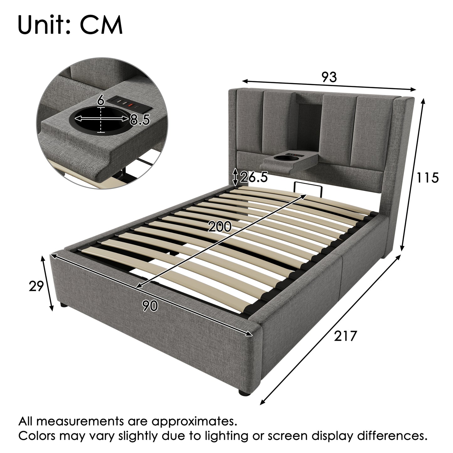 Upholstered Bed 90x200 Cm Single Bed With Hidden Cup Holder & Charging Station, Hydraulic Bed With Storage Space Under The Bed, Incl. Slatted Frame, Linen Grey Without Mattress