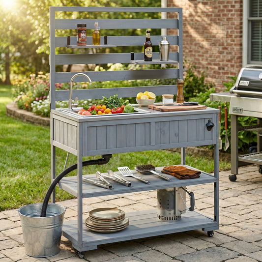 With Assembly Video  TOPMAx 41.7  Large Patio Rolling Kitchen Island Solid Wood Kitchen Cart With Sink  Garden Potting Bench With Stainless Table Top  2 Movable Shelves And 1 Bottle Opener Gray