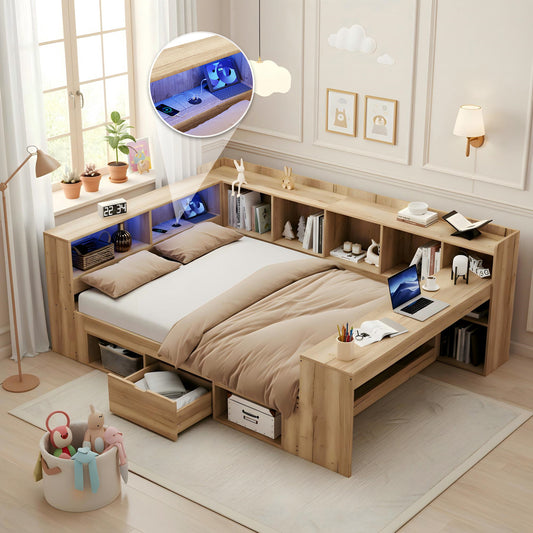 Children's Bed, Storage Bed 140x200 With LED Lighting, USB Charging Ports And Desk, Single Bed, Daybed, L-shaped Wooden Platform Bed, Daybed With Shelves & Drawers, Natural Colour