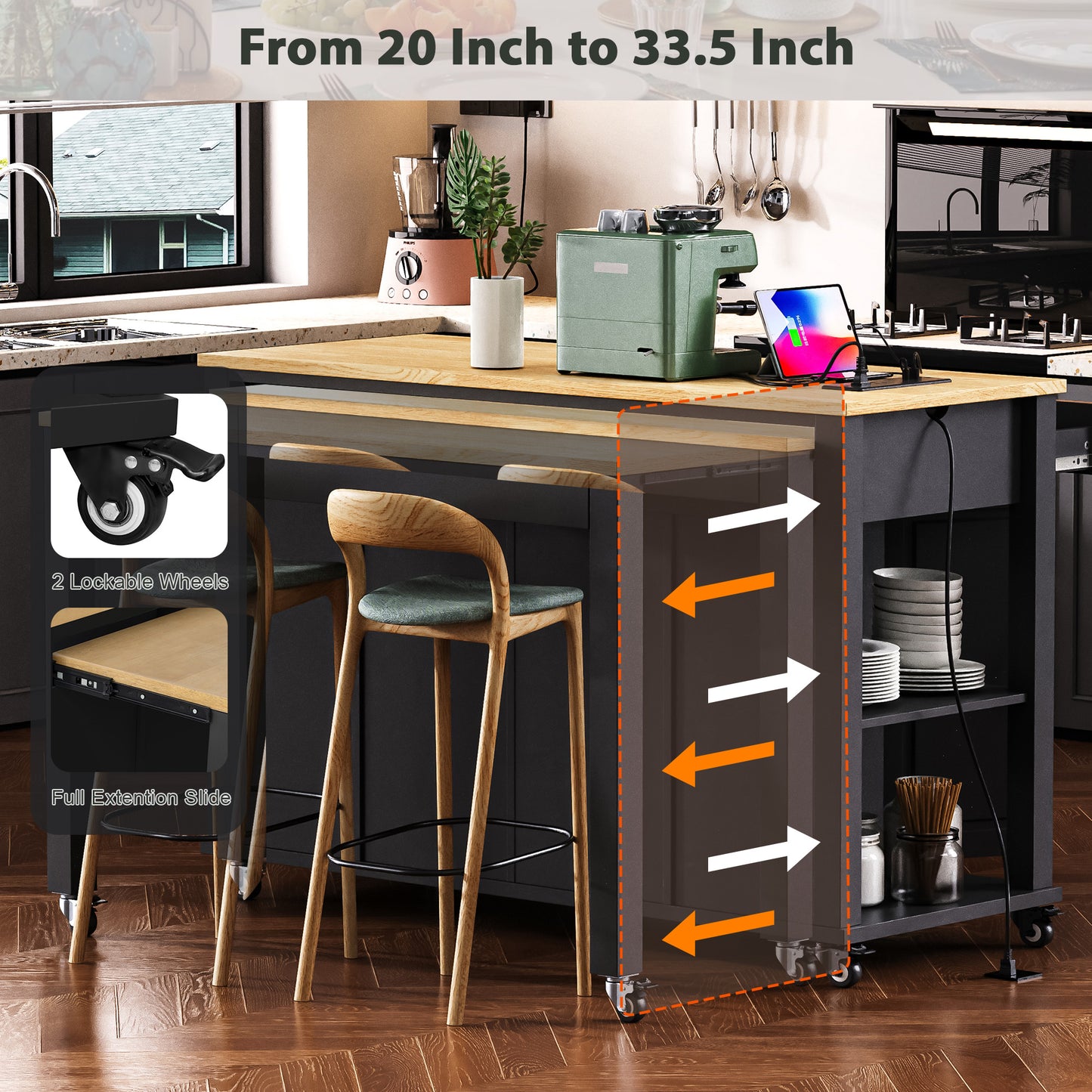 K&K 47 Inch Kitchen Island With Extendable Dining Table, Rubber Wood Veneer Kitchen Table With Internal Storage Rack, Power Outlet, Kitchen Island With Storage 2 Drawers 2 Cabinet, Black