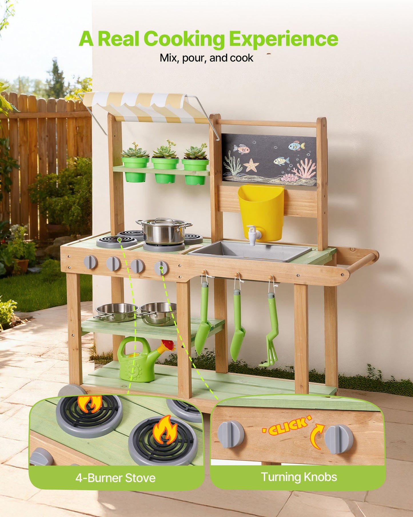 Mud Kitchen, Outdoor Mud Kitchen For Kids, Wood Outdoor Play Kitchens With Spoons, Sink, Sunshade Canopy, Swivel Wheels, Cookware Pots And Accessories, Wooden Play Kitchens For Home, Lawn