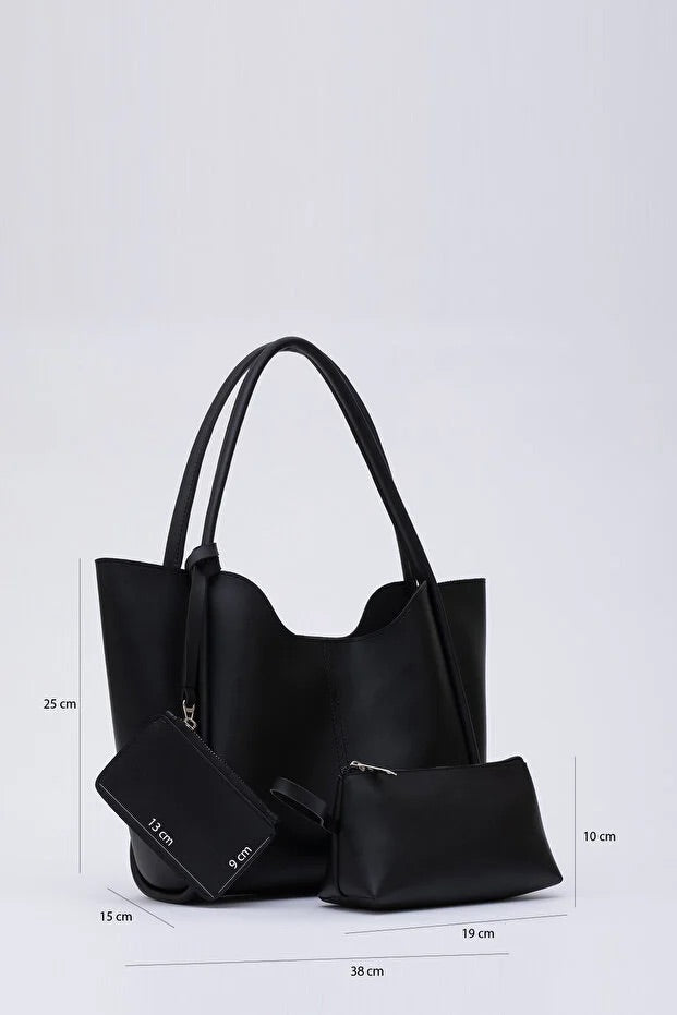 Black SHK108 Faux Leather Women Hand And Shoulder Bag With Wallet And Makeup Bag