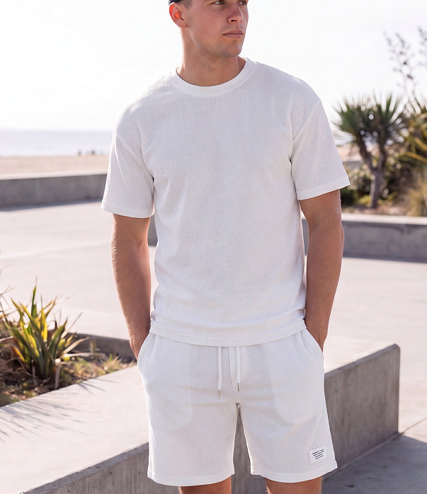 Athleisure T-shirt And Shorts Waffle-knit Set Korean-style Chic For Wearing Out