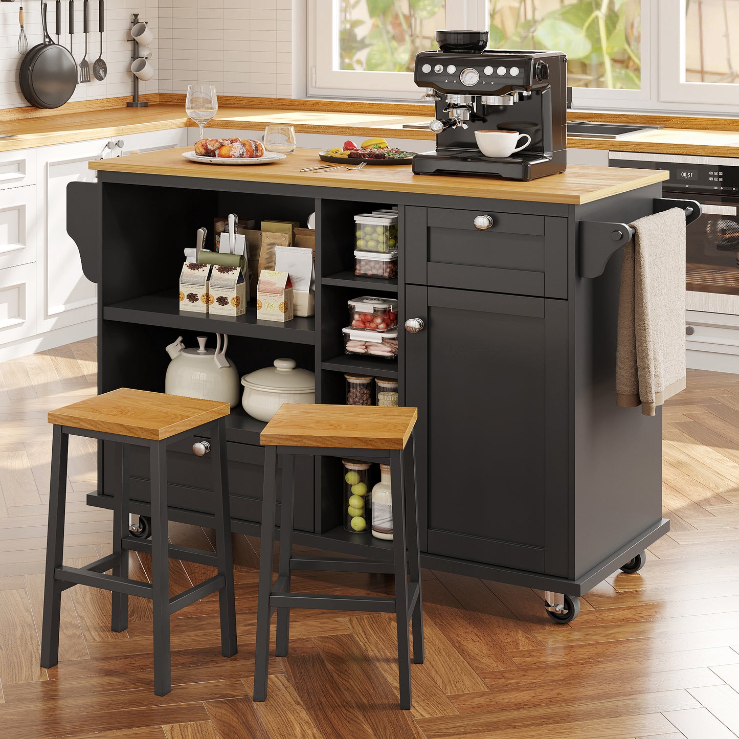 Dining Trolley  129 X 46 X 92 Cm , Modern And Simple Black Movable Kitchen Dining Trolley With Drawers And Storage Cabinets, Light Brown Wooden Countertop Previous Sku N620P19312829S