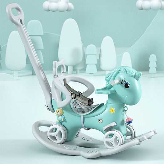 Rocking Horse For Toddlers, Balance Bike Ride On Toys With Push Handle, Backrest And Balance Board For Baby Girl And Boy, Unicorn Kids  Blue Color