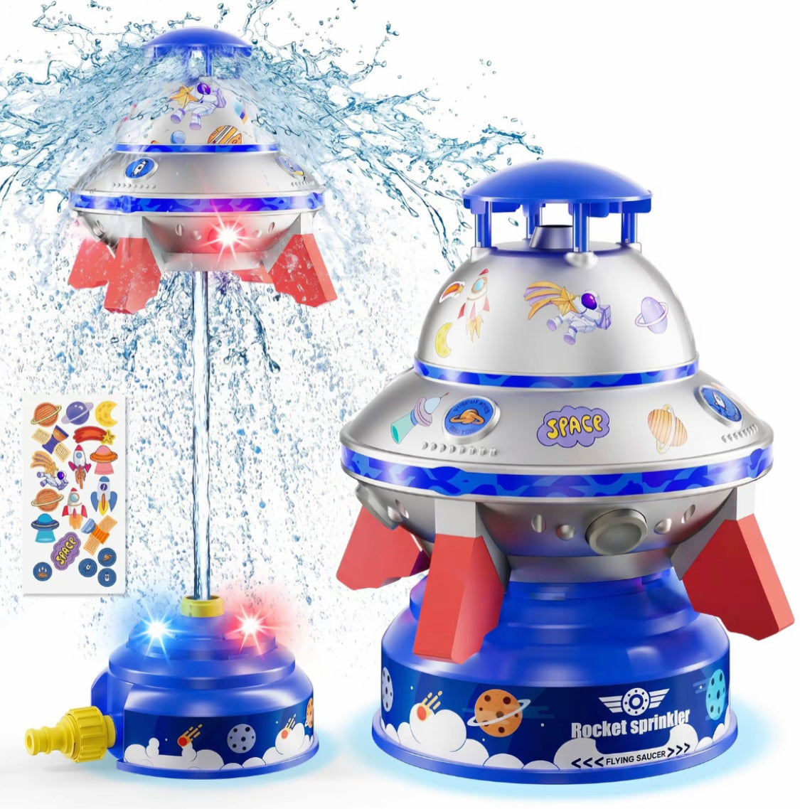 Kids UFO Rocket Water Sprinkler, Flying Saucer Water Launcher With Colorful LED Flashing Lights & DIY Stickers, Outdoor Summer Water Toy For Yard & Garden