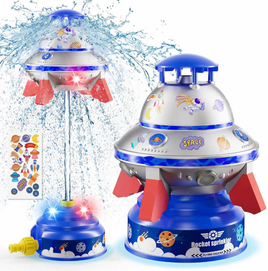 Kids UFO Rocket Water Sprinkler, Flying Saucer Water Launcher With Colorful LED Flashing Lights & DIY Stickers, Outdoor Summer Water Toy For Yard & Garden