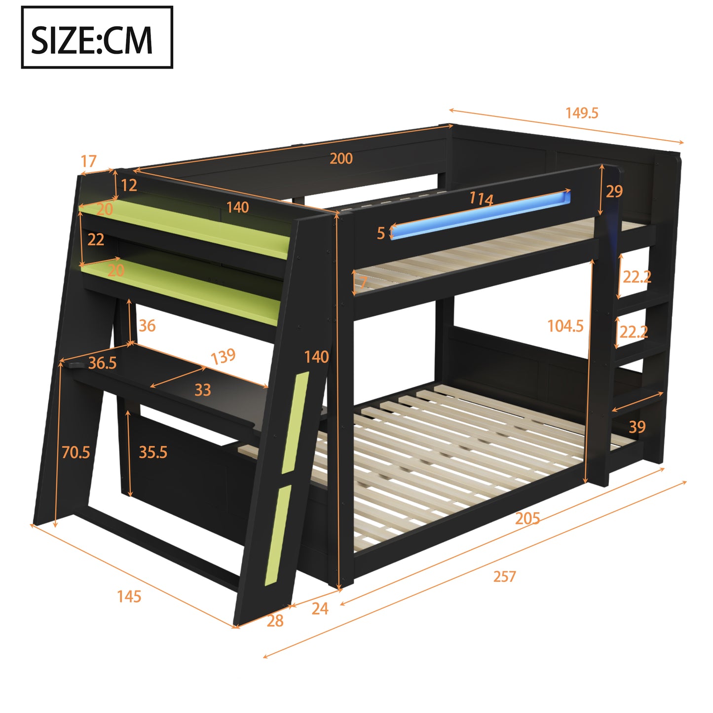 140x200 Cm Wooden Gaming Bunk Bed With Desk, Two Storage Compartments, USB Port And LED Lighting, Black Green