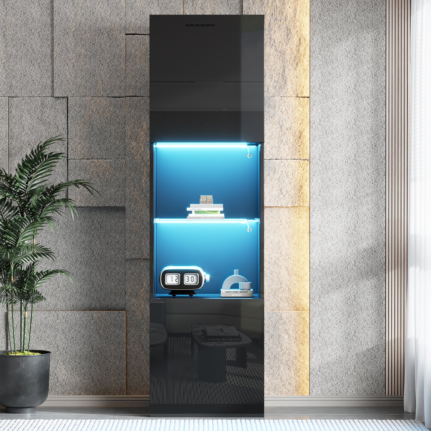 High-gloss Black Display Cabinet With LED Lighting, 1 Glass Shelf,Display Cabinet, Freestanding Display Cabinet, Tall Cabinet, Storage Cabinet