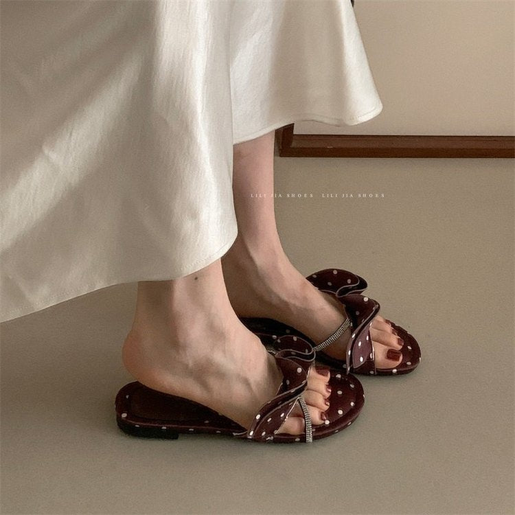 Wave Dot Straight Drag Women's Summer Outdoor Wear Flat Bottomed Rhinestone Thick Bottomed Beach Sandals Vacation Style