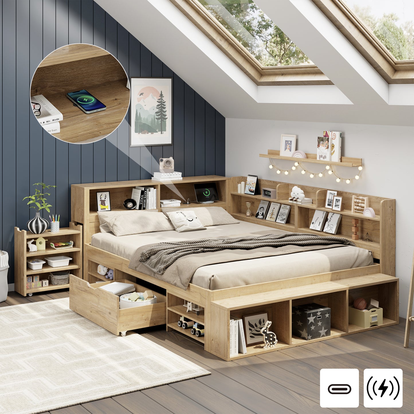 Children's Bed, Storage Bed, 140 X 200 Cm, Single Bed, Multifunctional Cot With Bedside Table, Drawers, Shelves, Storage Cupboard, With Wireless Charging, Without Mattress, Natural