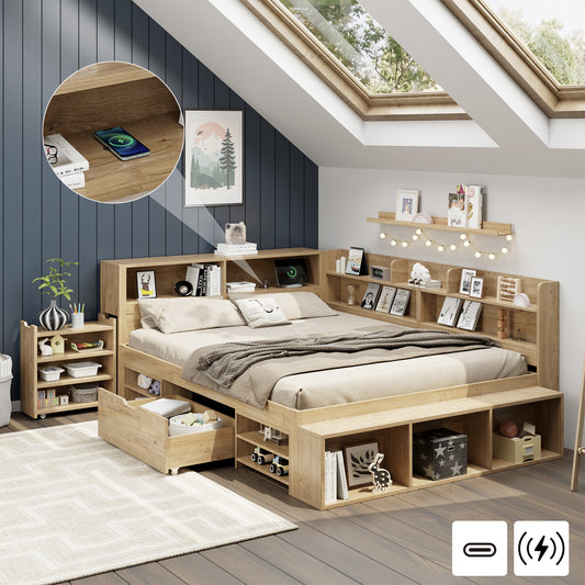 Children's Bed, Storage Bed, 140 X 200 Cm, Single Bed, Multifunctional Cot With Bedside Table, Drawers, Shelves, Storage Cupboard, With Wireless Charging, Without Mattress, Natural