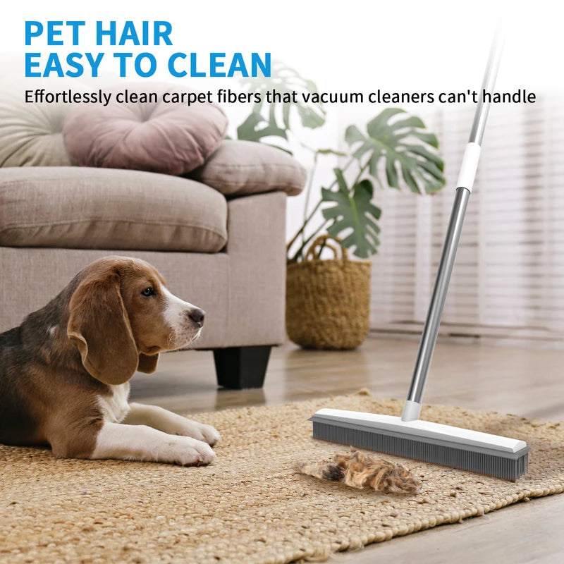 2-in-1 Rubber Broom & Scraper Brush, Silicone Pet Hair Remover for Carpet and Hardwood Floors, Long Handle Sweeper for Tile and Windows