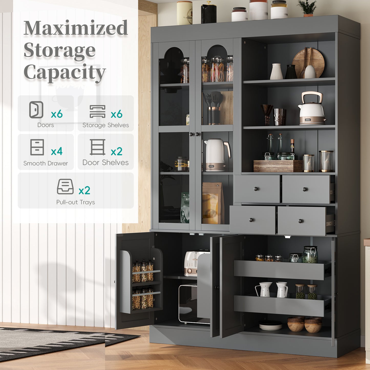 TOPMAx 47.2x15.7x75inch Freestanding Buffet With Hutch  Tall Kitchen Pantry Cabinet With 4 Drawers  Door Shelves And Pull- Out Trays For Dining Room  Living Room  Gray
