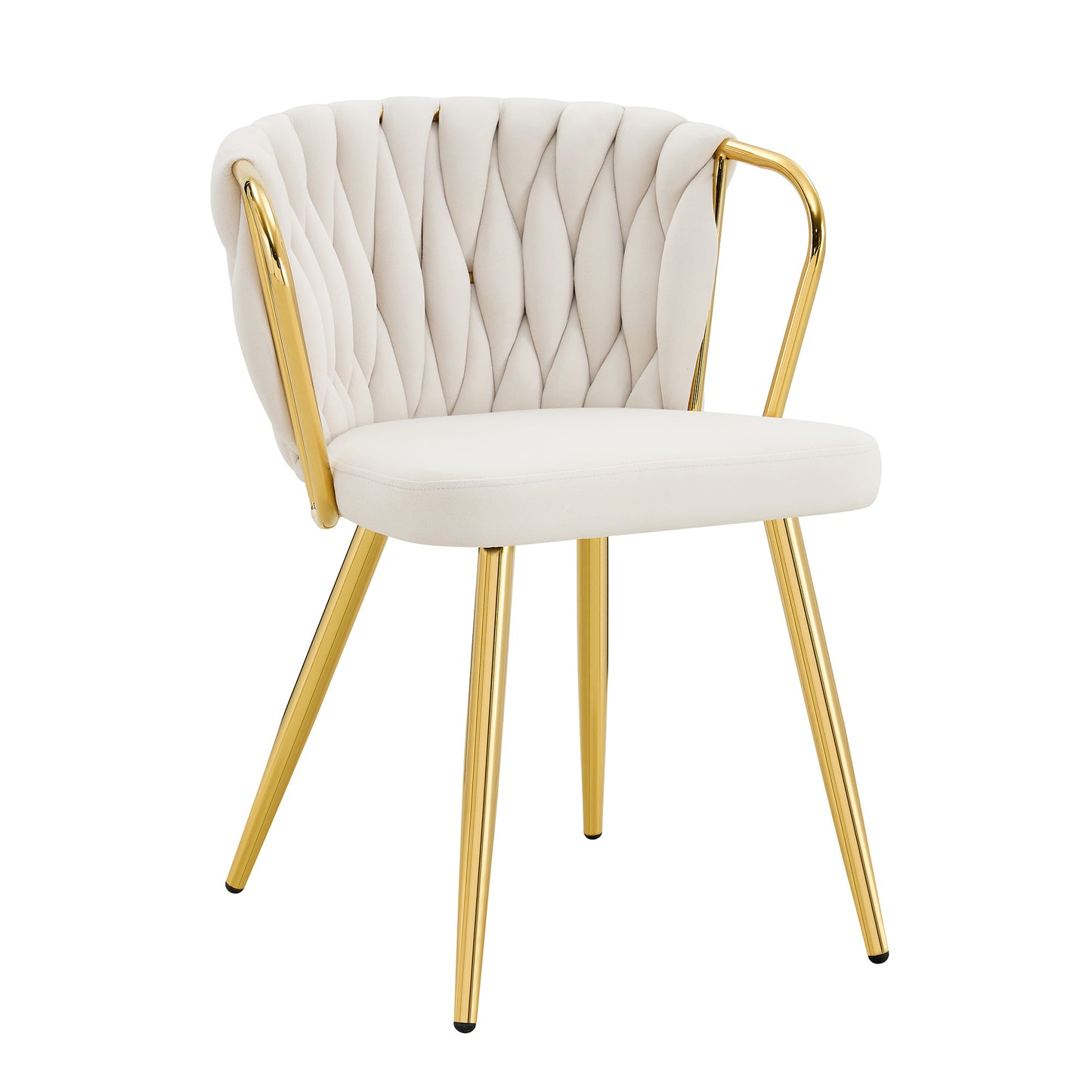 Dining Chair With Velvet Cover, Modern Upholstered Chair With Woven Backrest & Golden Metal Legs, Ergonomic Armchair For Dining Room, Living Room & Kitchen, Cream-Gold