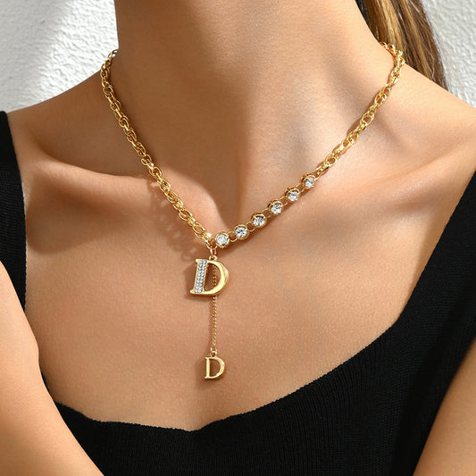 Sweet Korean Style Women Necklace, Unique Alphabet Niche Design Clavicle Necklace Inlaid Cubic Zirconia, Versatile Daily Neck Jewelry