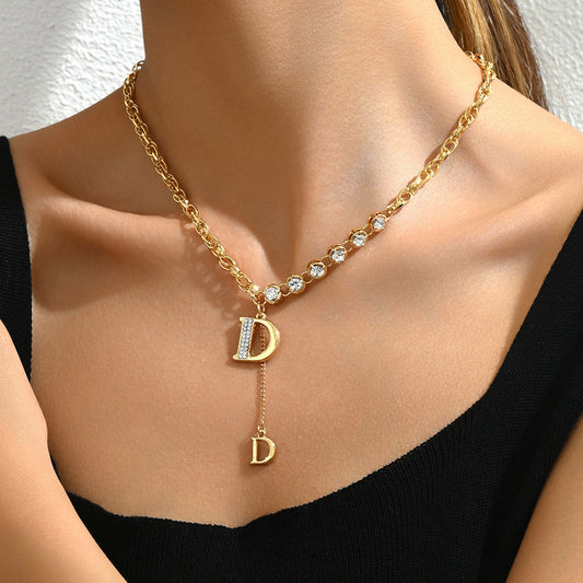 Sweet Korean Style Women Necklace, Unique Alphabet Niche Design Clavicle Necklace Inlaid Cubic Zirconia, Versatile Daily Neck Jewelry