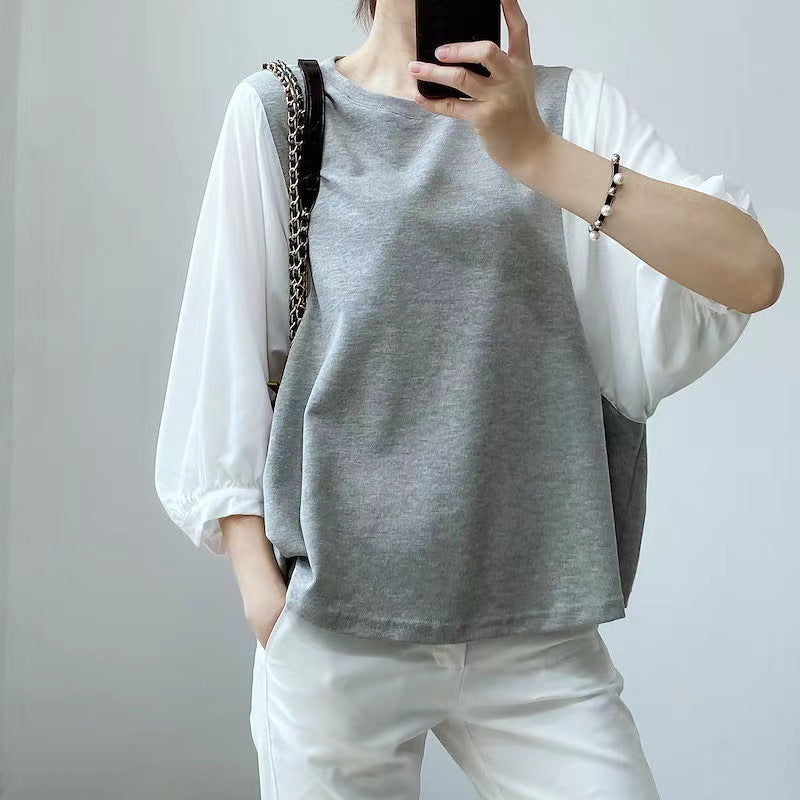 Japanese And Korean Women's Summer Color-blocked Loose Round-neck Top
