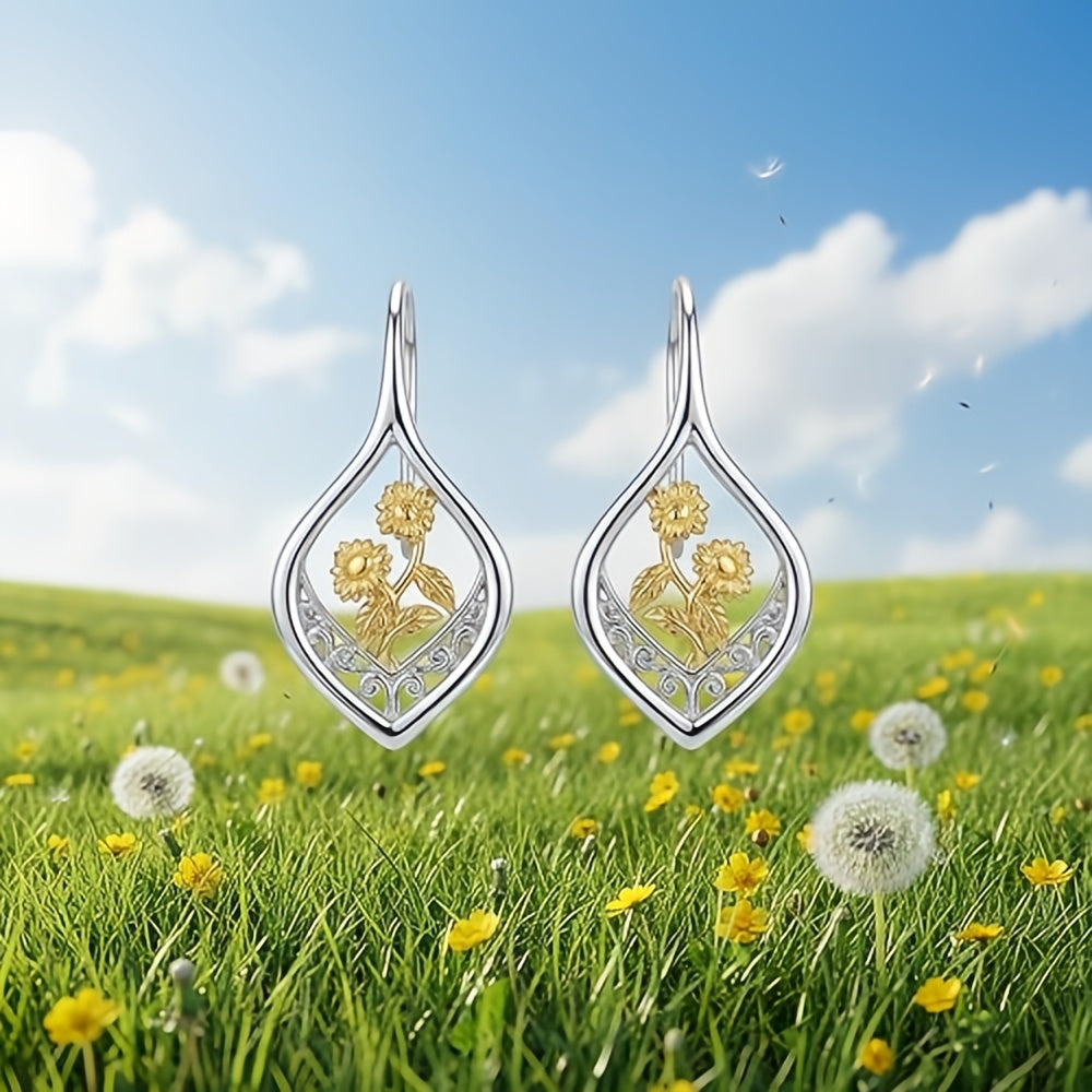 Sunflower Earrings 925 Sterling Silver Filigree 18K Gold Plated Leverback Hoop Dangle Earrings Sunflower Jewelry Gift for Women