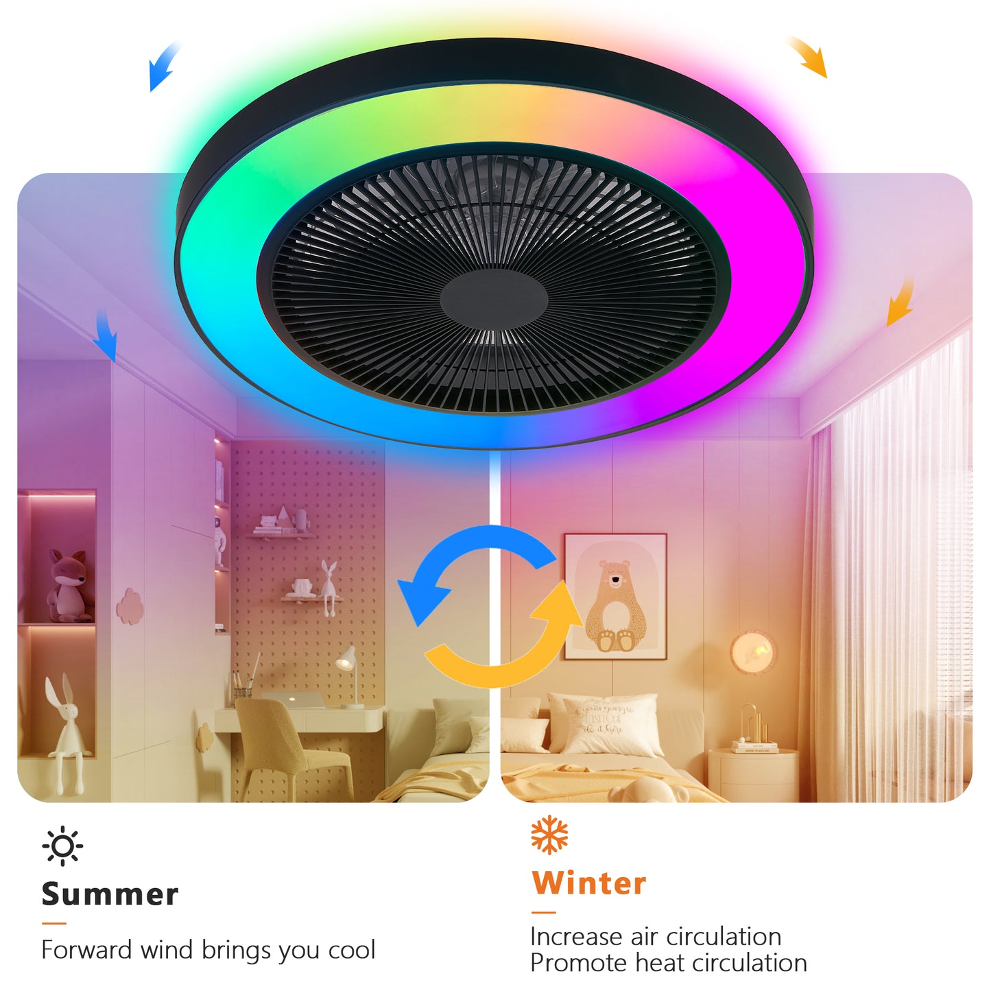 19-inch Black Ceiling Fan Light With LED RGB  Dimmable  Color-Changing, APP  Remote Control, Modern Smart Ceiling Fan For Living Room, Bedroom, And Dining Room Silent 6-Speed Reversible DC Motor