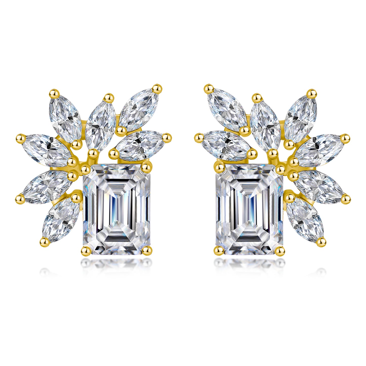 S925 Sterling Silver Emerald Cut Moissanite Stud Earrings, 6x8mm D-VVS1 Leaf Design, Platinum Plated 4.8g Jewelry Gift Box Set