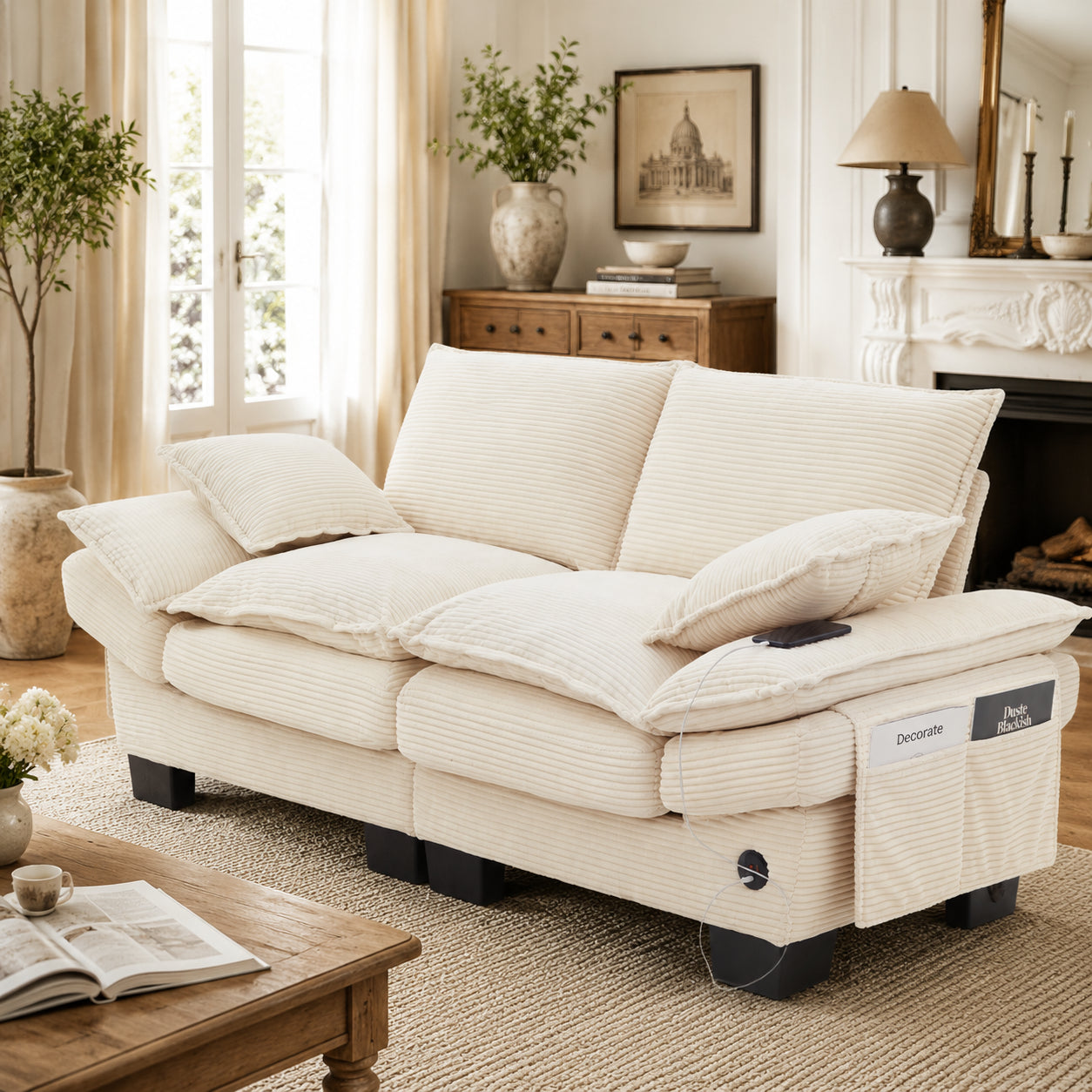Modular Corduroy Sofa For 2 People With A Wide Seat, Ergonomic Design, High-density Foam Padding, USB-C Port And Side Pockets. Ideal For Living Room, Office Or Lounge.Beige