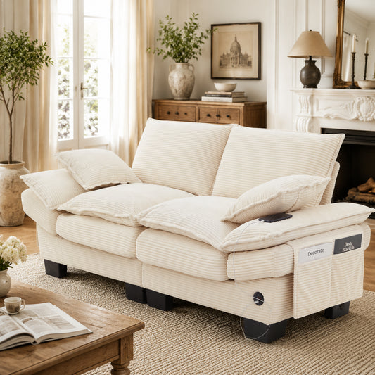 Modular Corduroy Sofa For 2 People With A Wide Seat, Ergonomic Design, High-density Foam Padding, USB-C Port And Side Pockets. Ideal For Living Room, Office Or Lounge.Beige