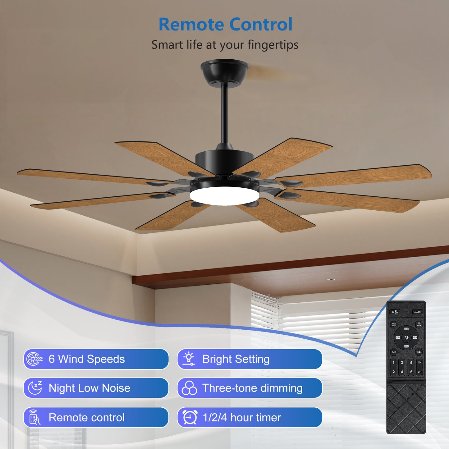 52 Inch Ceiling Fan With Lights And Remote Control, 8 Plywood Blades, 6-Speed Noiseless Reversible DC Motor, 3CCT, Windmill Ceiling Fan For Kitchen Bedroom Living Room, Black