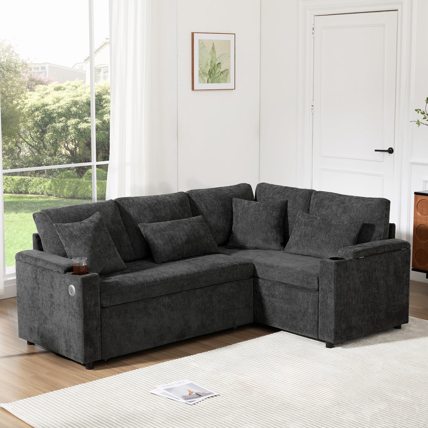 L-shaped Pull-out Corner Sofa, Canape Convertible With Storage, Cup Holder, USB Charging Port, Armrest Rest And Four Cushions. Suitable For Living Rooms, Guest Rooms, Home Theaters And Living Rooms.