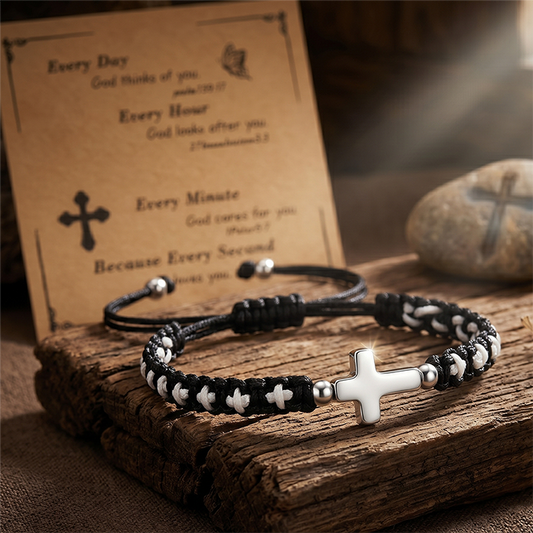 Handmade Braided Cross Bracelet For Men Women, Stainless Steel Religious Protection Bracelet, Adjustable Nylon Cord Christian Gift With Scripture Card