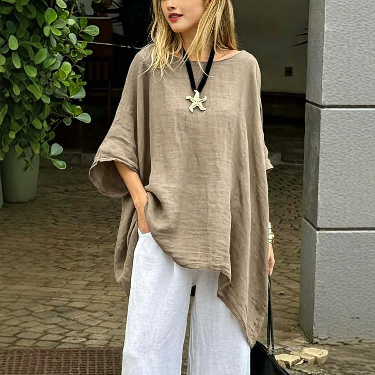 Womens Irregular Fashion Solid-Color Round-Neck Casual Top