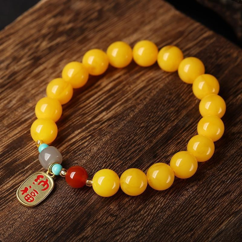 New Internet-famous Beeswax Chicken Yellow Single Circle Red Agate Safe Buckle Bracelet Retro New Chinese Artistic Girlfriend Gift