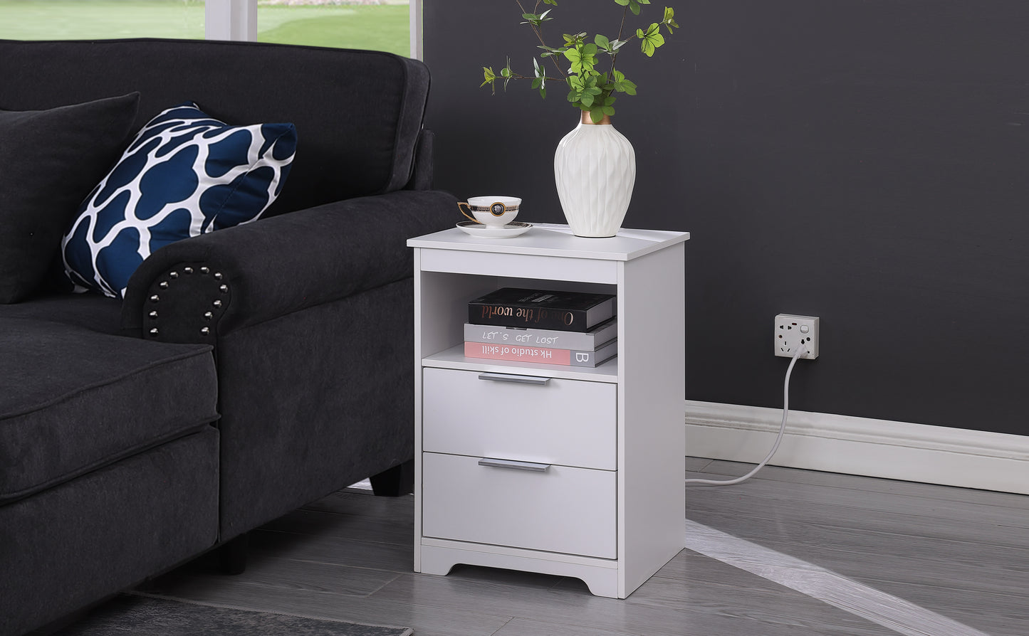 Nightstand With Charging Station,End Table With 2 Drawers,Wooden End Table With Drawer And Opening Shelf,Side Table For Bedroom, White