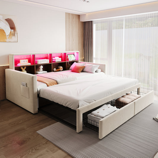 Pull-out Upholstered Bed Sofa Bed 90-180 X190cm, Headboard With Integrated Storage Compartments, LED Light Strip And Charging Sockets, With Two Drawers And Slatted Frame, Velvet Fabric Beige