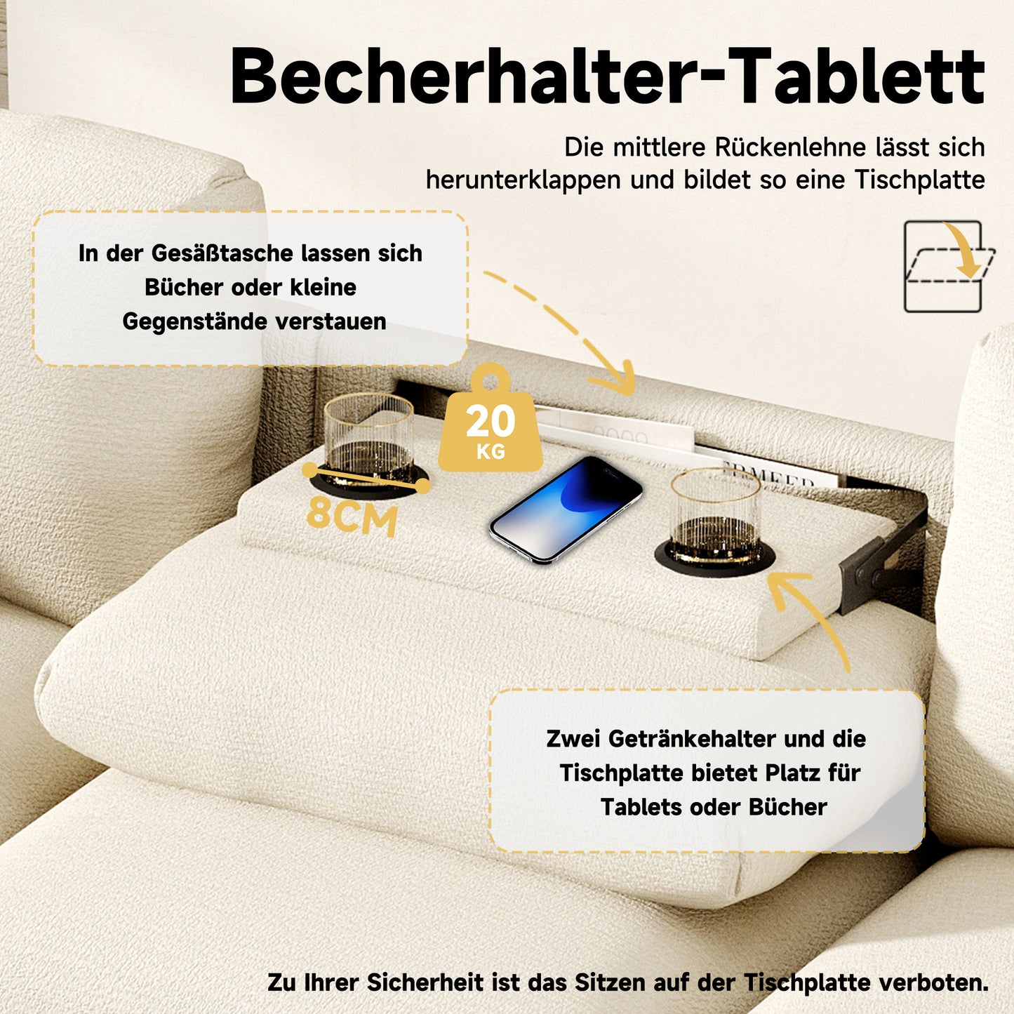 Modern Three-seater Sofa Made Of Chenille, Fabric Sofa With Cushions, Folding Table And USB Port, Cup Holder And Storage Space, A Multifunctional Sofa Suitable For Offices, Apartments And Home Theater