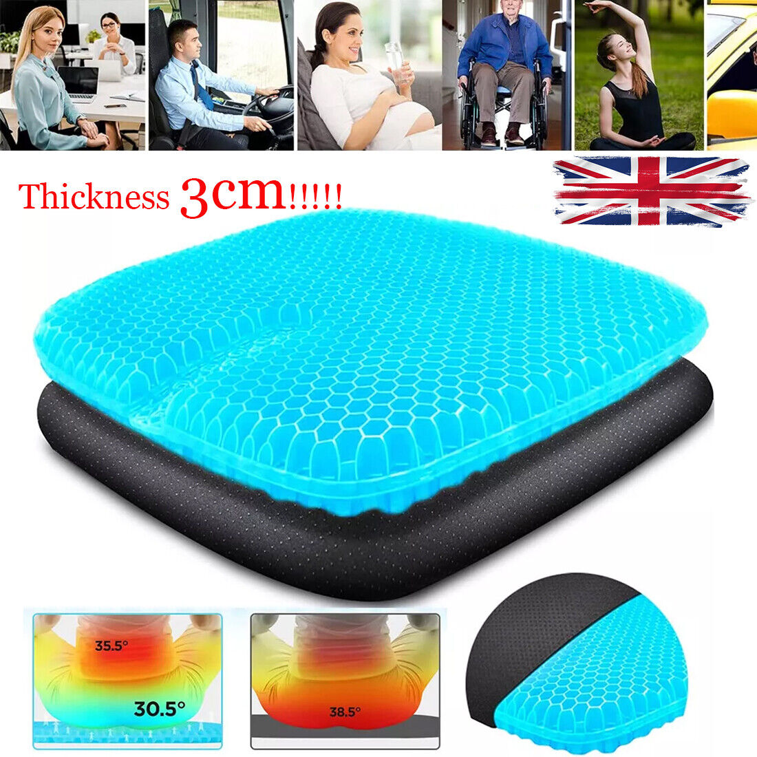Cooling Honeycomb Breathable Gel Seat Cushion Double Thick Egg Sitting Pad Mat UK