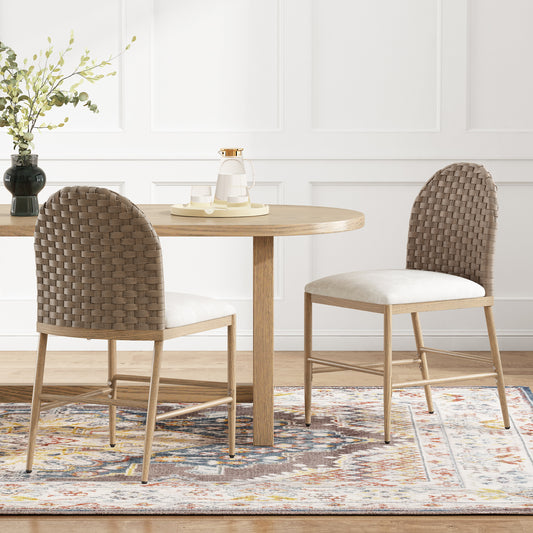 Farmhouse Dining Chairs Set Of 2, Upholstered Kitchen Chairs Armless Iron Side Chair With Rattan Backrest For Dining Room ,Restaurant,Brown