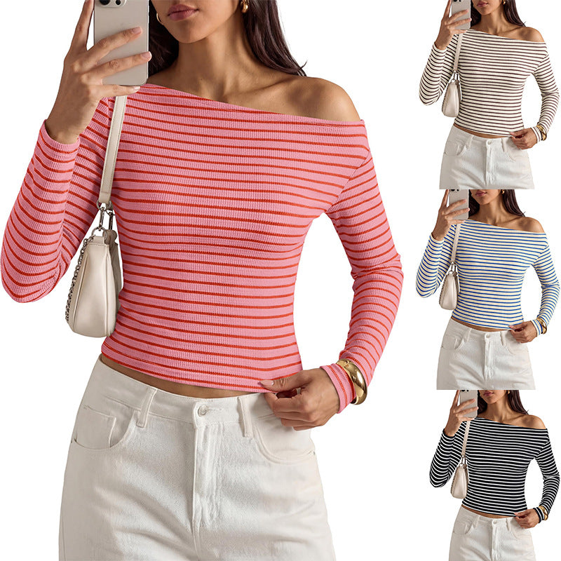 Womens Fashion Casual Striped Off-shoulder Top