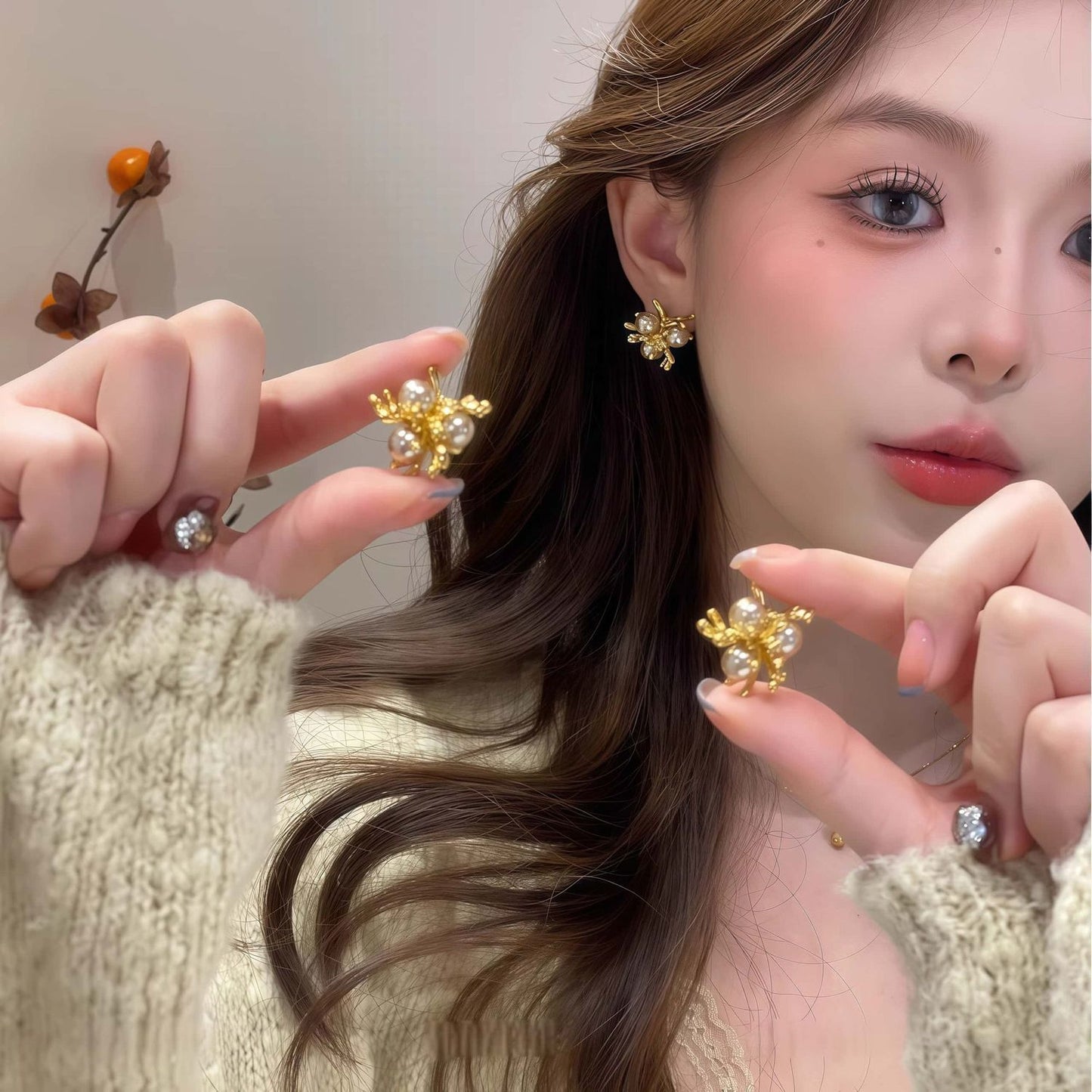 Unique Hong Kong Style Golden Firework  Pearl Stud Earrings For Women, Elegant Fashion Niche Light Luxury Trendy All-Match Ear Jewelry