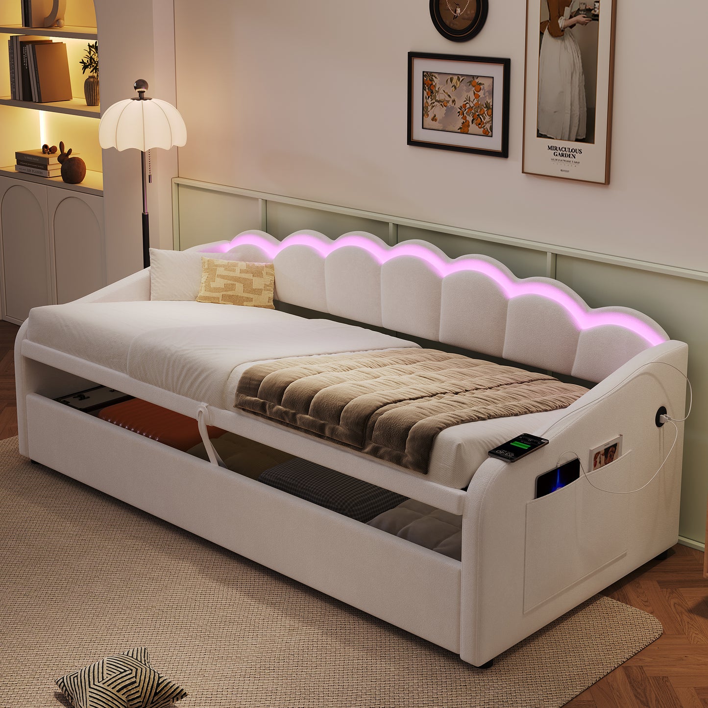 Upholstered Bed 90x190cm, Daybed, RGB LED Sofa Bed With Charging Station, 3ft Petal Shape Single Bed With Hydraulic Storage For Living Room   Bedroom   Study Room, Velvet, Beige   No Mattress