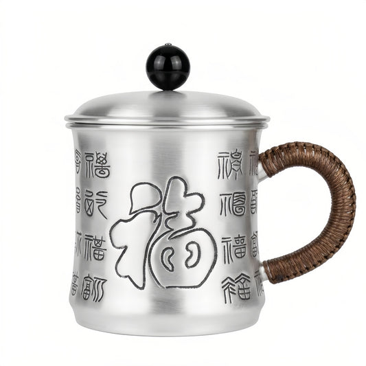 925 Sterling Silver Traditional Silver Finish Tea Mug with Blessing Characters and Rattan Wrapped Handle - Handicraft