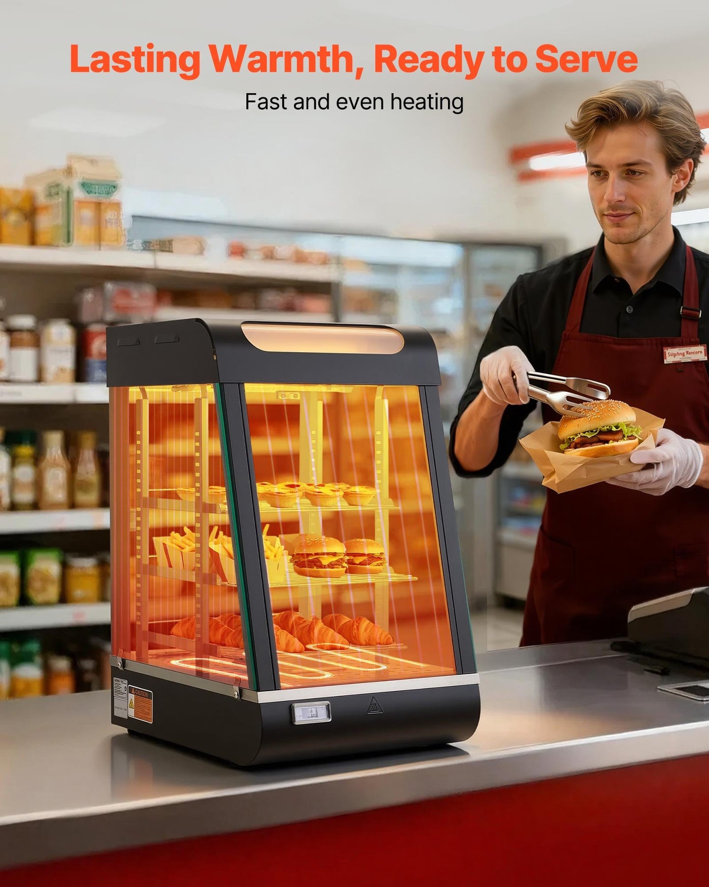 3-Tier Commercial Food Warmer Display, 800W Food Display Warmer With LED Light, Top Storage And Adjustable Shelves, 86℉~185℉ Steam Heating, 60 Qt /57L For Hamburger, Pizza, Bread, Fried Chicken