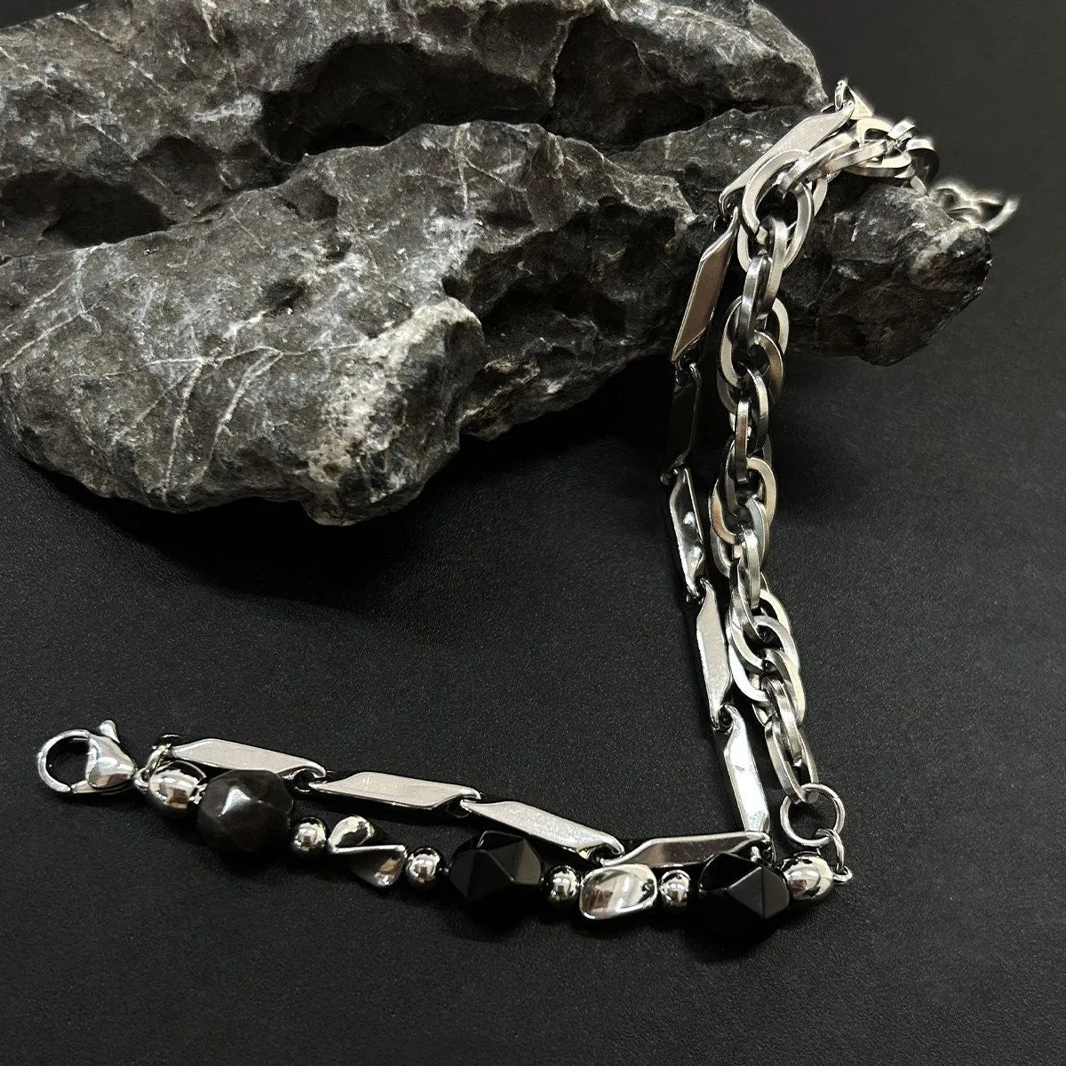 1pcs Double Layer Black Faceted Bead Spliced Titanium Steel Bracelet, Minimalist Dark Street Style, For Men Women Daily Wear & Couple Valentine Gifts