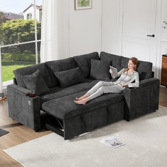 L-shaped Pull-out Corner Sofa, Canape Convertible With Storage, Cup Holder, USB Charging Port, Armrest Rest And Four Cushions. Suitable For Living Rooms, Guest Rooms, Home Theaters And Living Rooms.