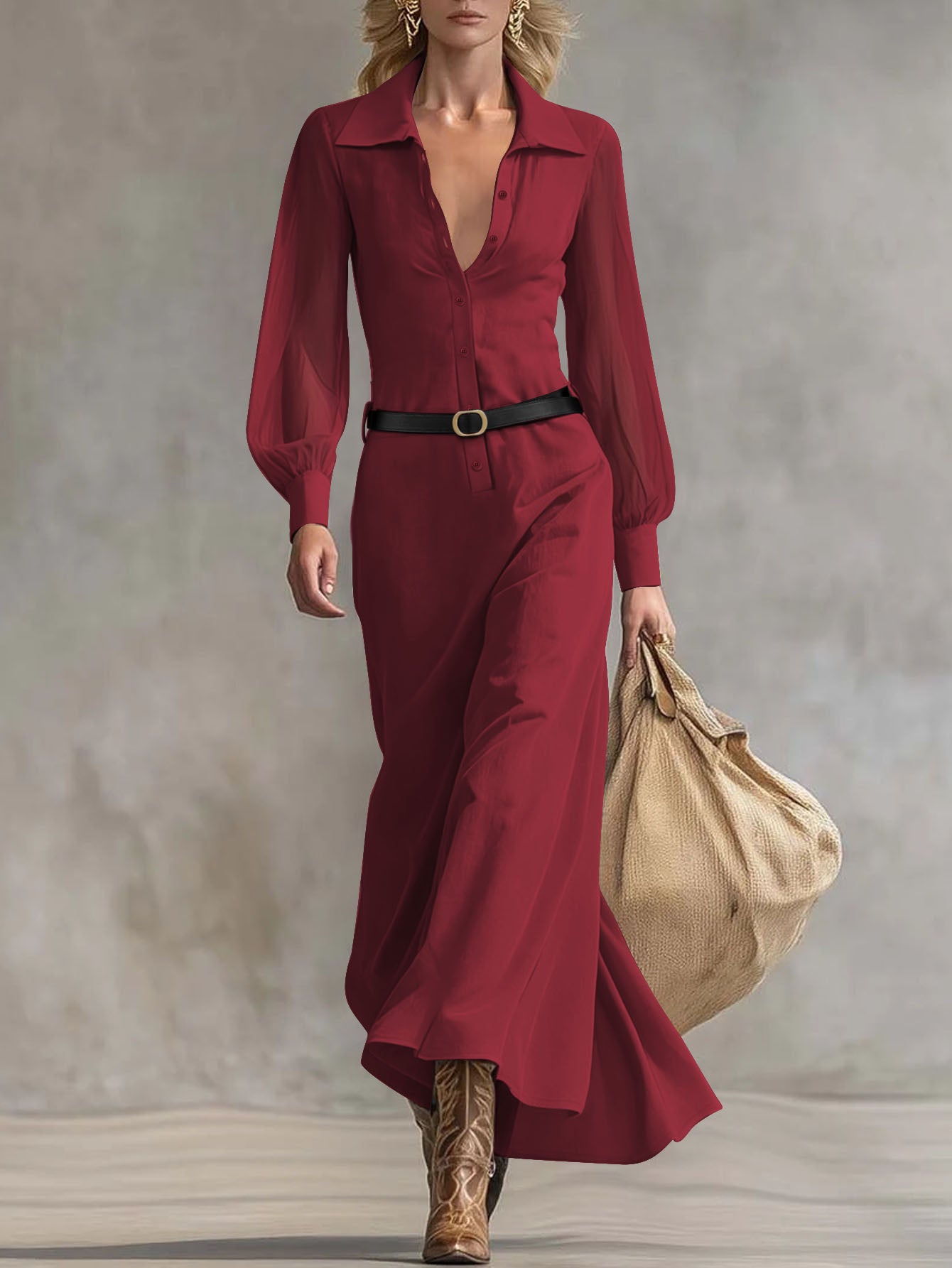 Women's Collared Neck Sheer Puff Sleeve Button Front Belted Maxi Shirt Dress Elegant Office Wear Maxi Dress