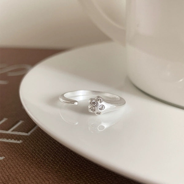 1pc 999 Sterling Silver Zircon Cat Paw Open Ring, Cute & Sweet Style, Perfect For Daily Wear & Valentine's Day Gift