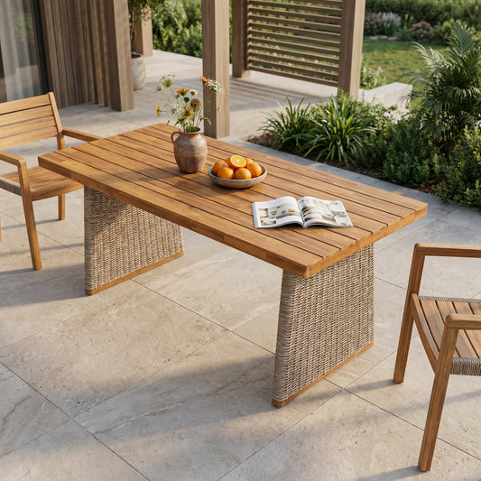 Outdoor Acacia Wood Dining Table,Teak Finish  Brown Wicker