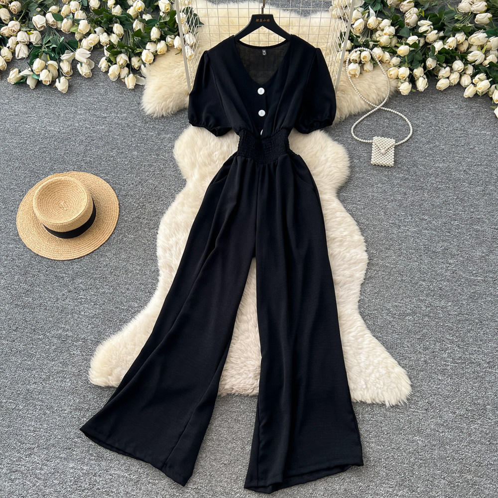 Korean-style V-neck Puff-sleeve Jumpsuit For Women